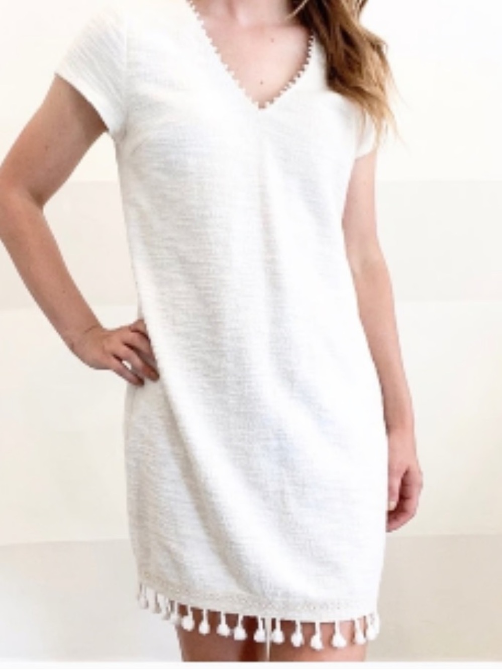 Dolan Cream V-Neck Tassel-Trim Dress Size Medium